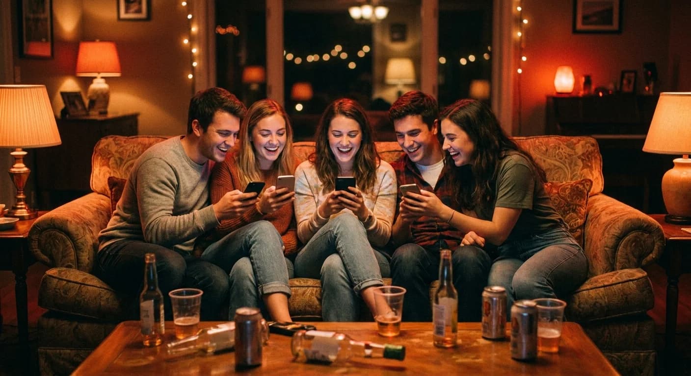Friends crowded on a couch together late at night, each looking at their own phone and laughing