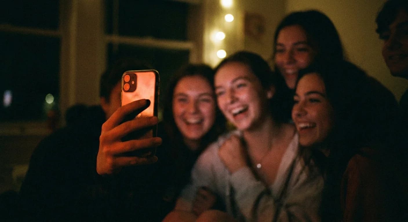 A phone glowing red in a dim room, lighting up the faces of laughing friends behind it