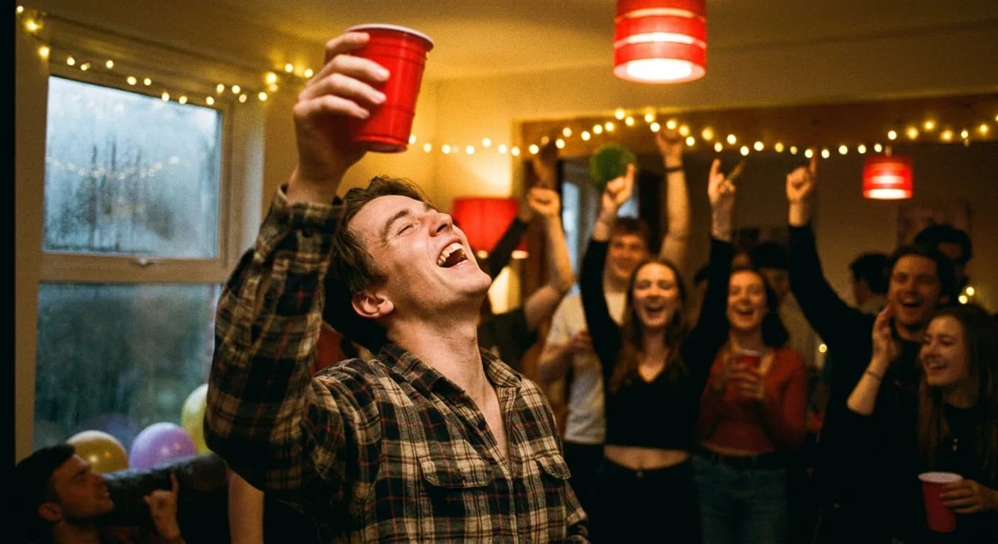 A friend mid-laugh raising a drink at a crowded, warmly-lit house party