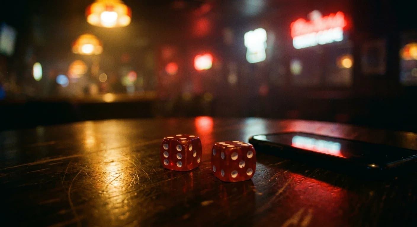 Two red dice and a smartphone on a dark wood table in warm low light