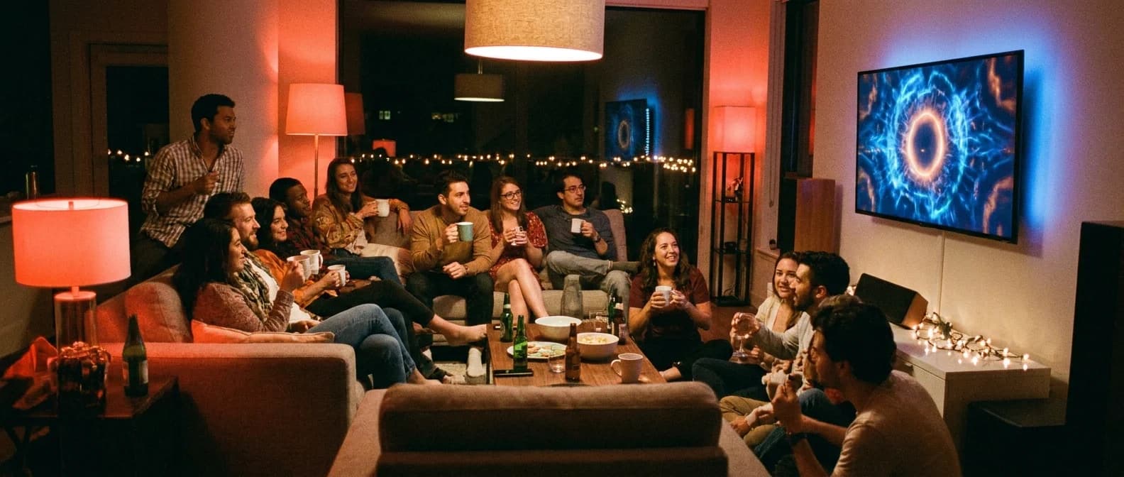 Friends gathered around a glowing wall-mounted TV in a cozy living room