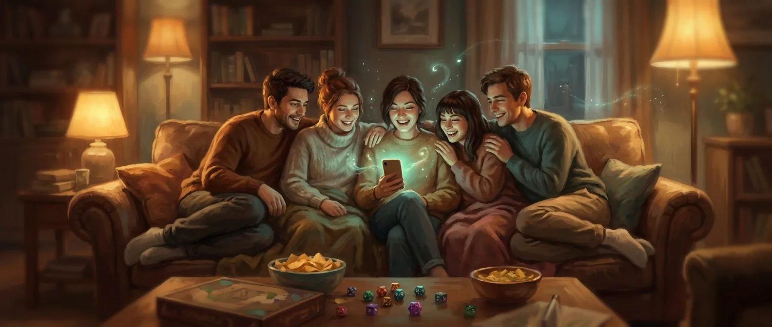 Friends leaning together on a couch, sharing one glowing phone on game night