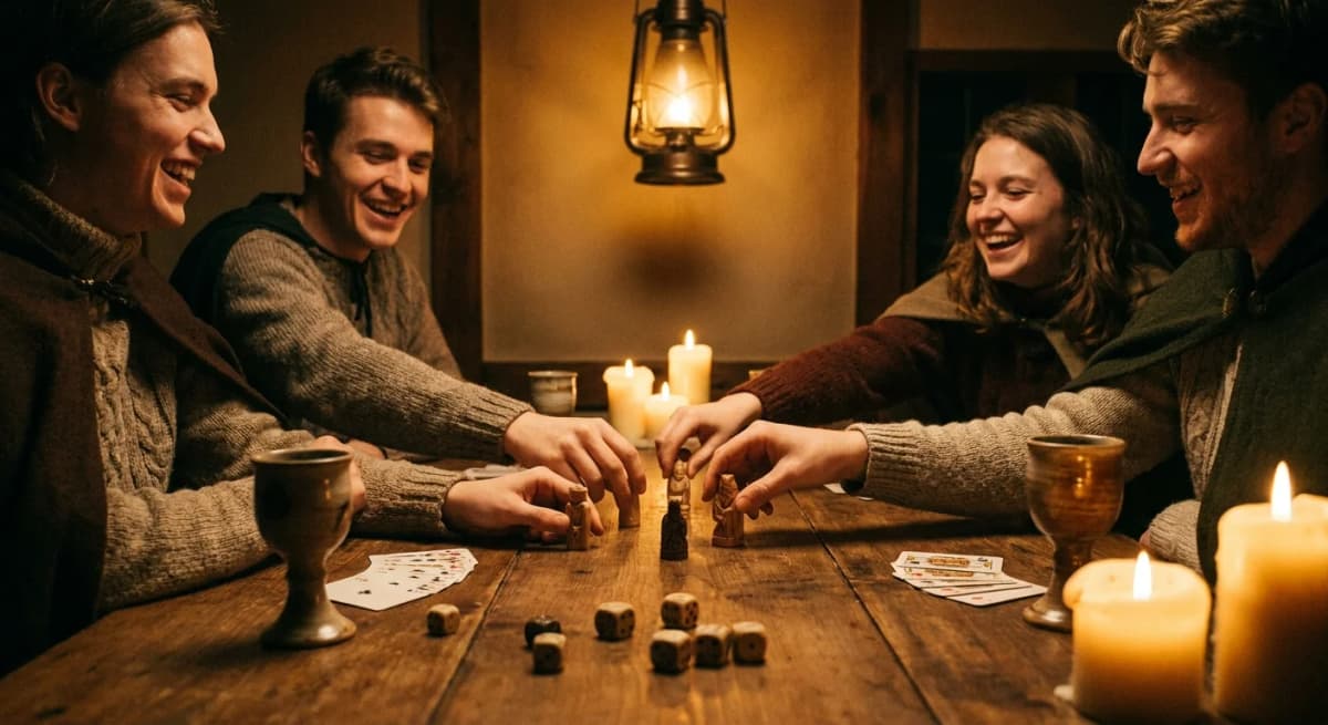 A wooden table set for a medieval game night with dice, cards, goblets, and candles, friends in their twenties reaching for pieces in warm lamplight
