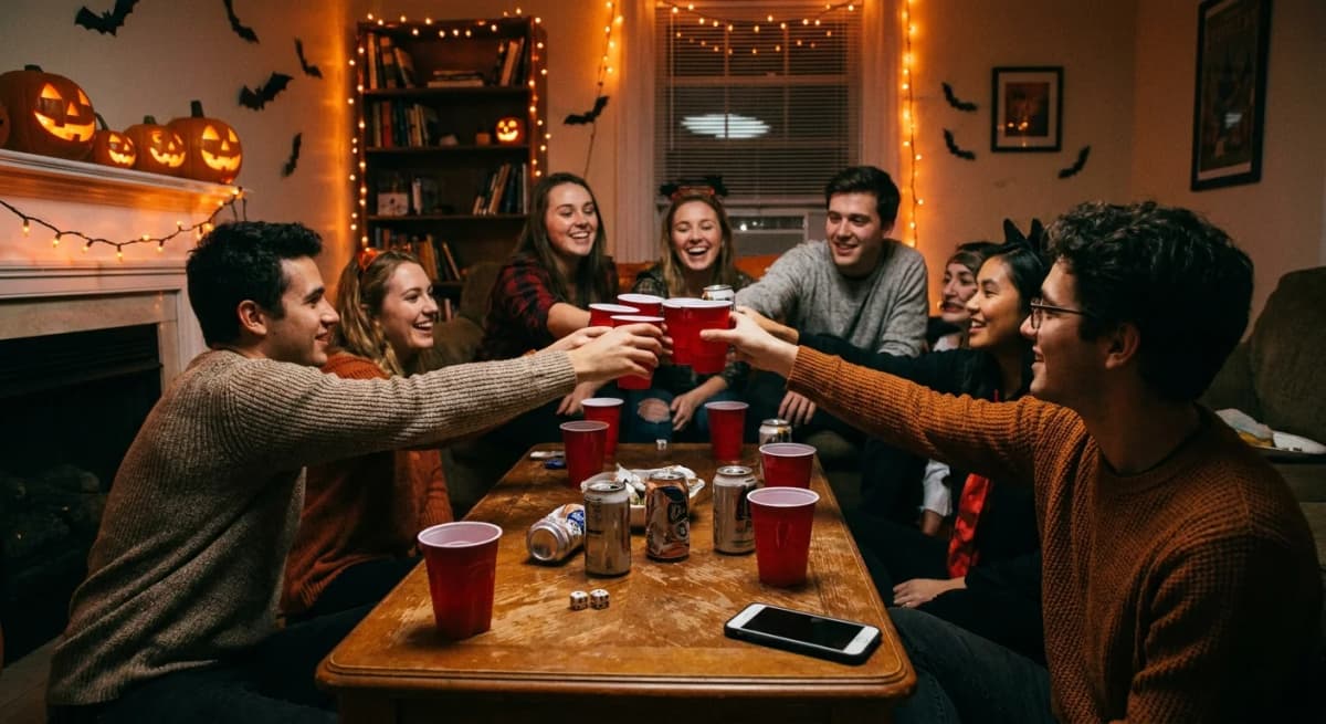 Friends in their twenties toasting with red cups at a cozy Halloween apartment party, warm string lights and glowing jack-o-lanterns in the background