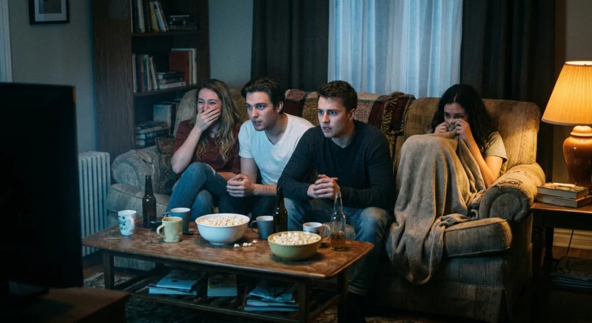 Friends on a couch watching a scary movie, faces lit by the flickering blue glow of the TV, drinks and popcorn on the coffee table