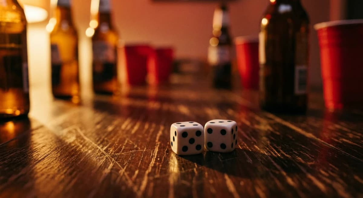 Close-up of two dice mid-roll on a worn wooden table, beer cans and Solo cups blurred behind, dramatic warm side lighting