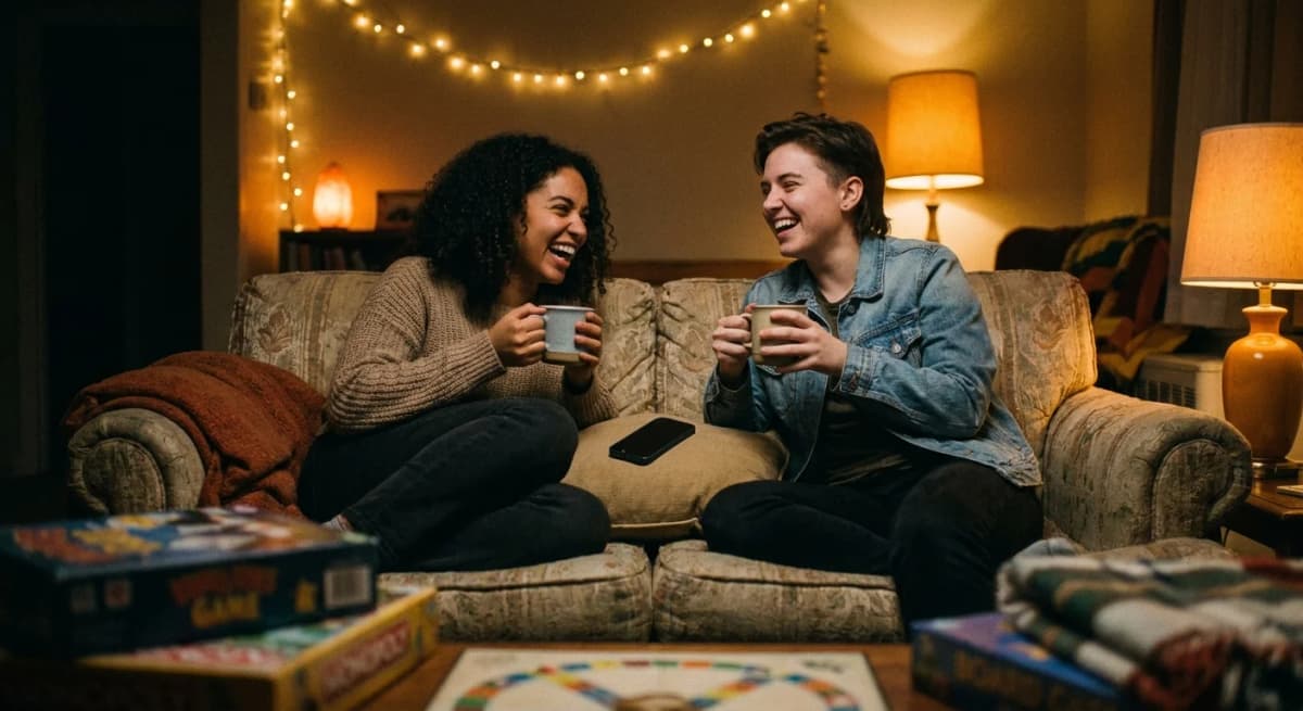 Two friends laughing together on a couch, each with a drink and a phone between them, warm cozy string-light glow