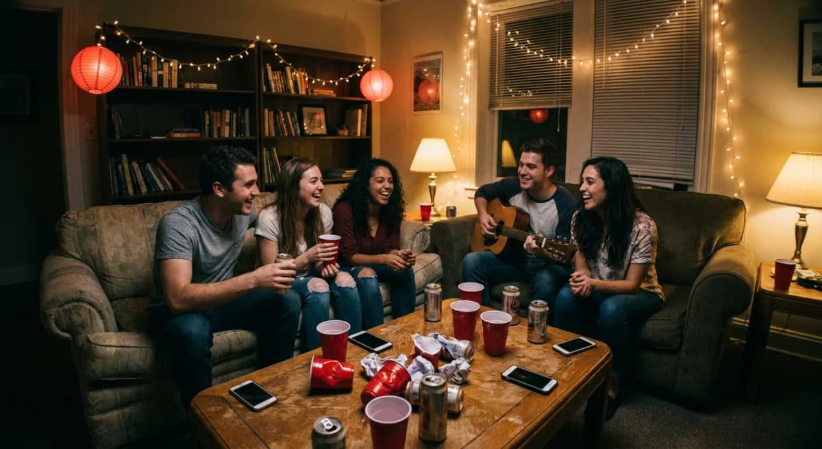 A group of college-age friends laughing in a warm, dim apartment living room strung with lights, Solo cups and phones scattered on the coffee table